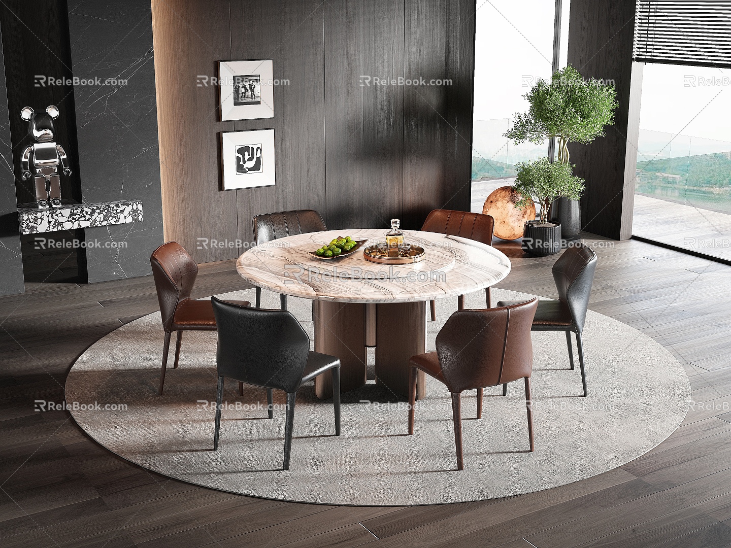 Modern Italian Dining Table and Chair Combination Round Dining Table and Chair Marble Dining Table Leather Dining Chair Metal Dining Table Multi-person Dining Table and Chair Italian Dining Table and Chair Desktop Decoration model