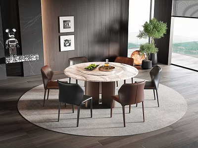 Modern Round Marble Dining Table Set with Leather Chairs Wall Art and Large Window 3d model