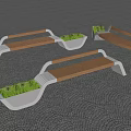 Modern Tree Planters With Wooden Benches And Green Plants On Paved Surface