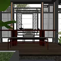 Garden Ornaments in Modern Chinese Courtyard with Water Feature Stone Pathway and Trimmed Shrubs