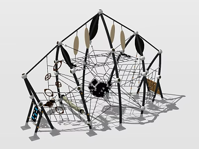 Outdoor Playground Climbing Structure With Black Beige Netting And Hanging Elements For Kids 3d model
