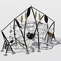 Outdoor Playground Climbing Structure With Black Beige Netting And Hanging Elements For Kids