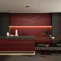 Modern Kitchen Interior Featuring Red Cabinets Black Countertop Island Pendant Lights And Bar Stools