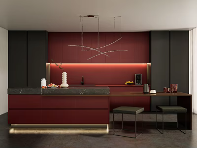 Modern Kitchen Interior Featuring Red Cabinets Black Countertop Island Pendant Lights And Bar Stools 3d model