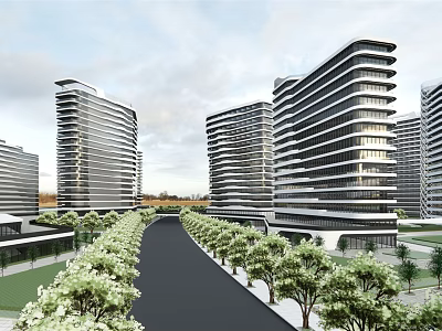 Modern Multiple High Rise Office Buildings With Green Belt And Road 3d model