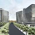 Modern Multiple High Rise Office Buildings With Green Belt And Road