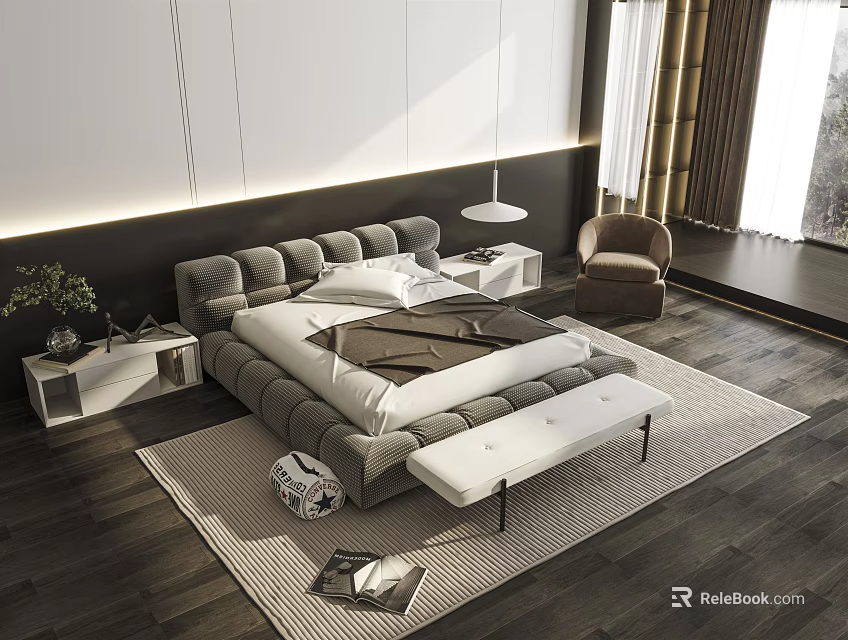 Elegant Modern Double Bed Bedroom Design With Nightstand Rug And Armchair 3d model 