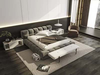 Elegant Modern Double Bed Bedroom Design With Nightstand Rug And Armchair 3d model