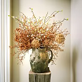 Vintage Vase With Dried Flowers On Wooden Stump Base Light Wall White Curtains