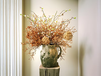Vintage Vase With Dried Flowers On Wooden Stump Base Light Wall White Curtains 3d model