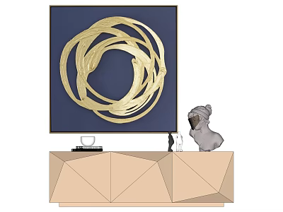 Golden Circular Abstract Painting With Dark Blue Background And Gray Sculpture On Beige Geometric Cabinet 3d model