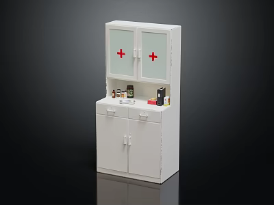 White Medical Cabinet With Red Cross Glass Doors And Medicine Bottles On Top 3d model