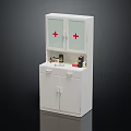 White Medical Cabinet With Red Cross Glass Doors And Medicine Bottles On Top