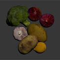 Fresh Assorted Vegetables Including Broccoli Potatoes Red Onions Garlic And Lemon On Dark Background