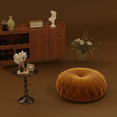 Wooden Sideboard with Drawers Cabinets and Decorative Vase Sculpture Near Small Table Pumpkin Cushion 3d model