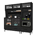 Dark Wood Modern Sideboard With Open Shelves Glass Door Cabinets Drawers And Microwave