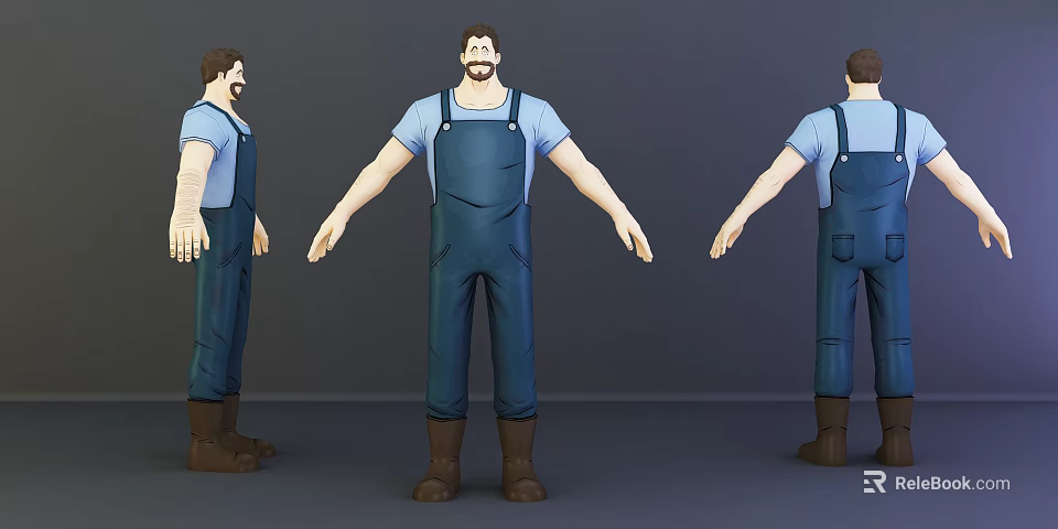 3D Game And Movie Character Model With Blue Overalls Brown Boots And Beard 3d model 