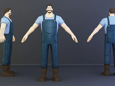 3D Game And Movie Character Model With Blue Overalls Brown Boots And Beard 3d model