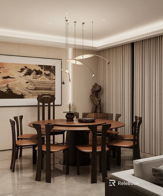 Traditional Restaurant Interior With Round Dining Table Hanging Pendant Lights And Chinese Painting 3d model 