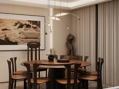 Traditional Restaurant Interior With Round Dining Table Hanging Pendant Lights And Chinese Painting 3d model