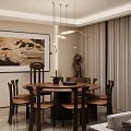 Traditional Restaurant Interior With Round Dining Table Hanging Pendant Lights And Chinese Painting
