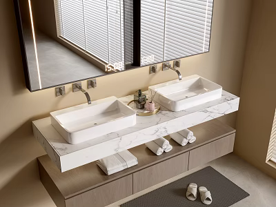Modern Bathroom Vanity With Double Marble Sinks Large Mirror And Storage Cabinet 3d model