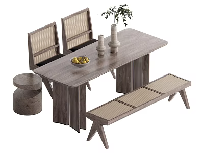 Wooden Dining Table Set With Woven Back Chairs Bench Decorative Vase And Fruit Bowl 3d model