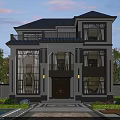 Two Story Detached Villa Exterior With Large Windows Swimming Pool Lawn And Greenery