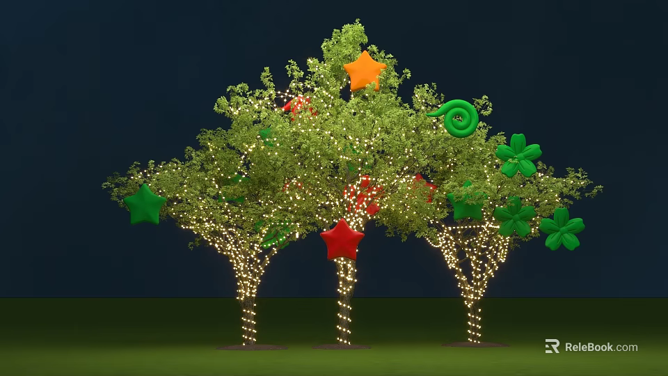 Festive Decorated Trees With String Lights Colorful Stars Clover And Spiral Ornaments 3d model 