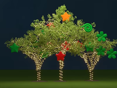 Festive Decorated Trees With String Lights Colorful Stars Clover And Spiral Ornaments 3d model
