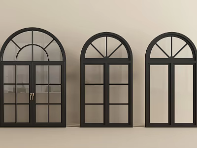 Black Arched Top Casement Windows With Glass Panes And Frame Design 3d model