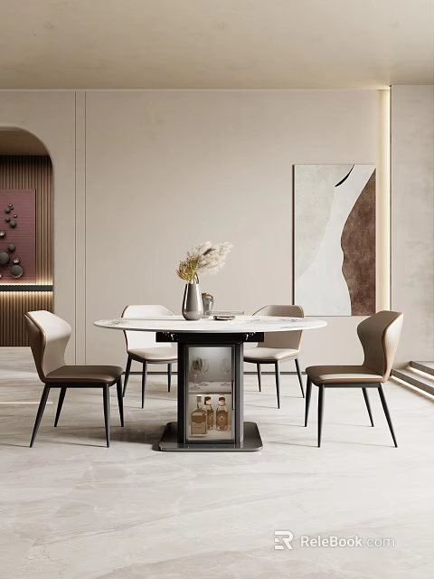 Modern Round Dining Table and Chair Set with Marble Top and Beige Seats 3d model 