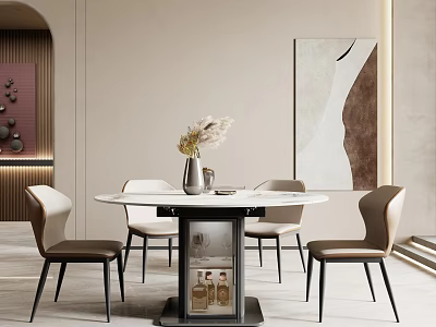 Modern Round Dining Table and Chair Set with Marble Top and Beige Seats 3d model