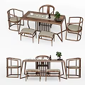 Traditional Wooden Tea Table and Chairs Set with Stools Tea Set and Potted Plant