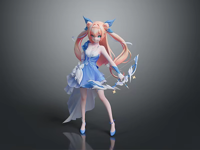 Anime Style Female Character With Blue Cat Ears And Pink Hair Holding Arrows 3d model
