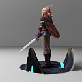 Game and Movie Character With Cloak Casting Magic And Holding Sword On Blue Glowing Base