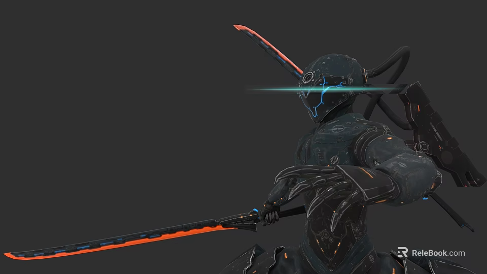Futuristic Game Character in Black Mechanical Armor With Glowing Red Sword and Blue Light Effects 3d model 