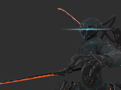 Futuristic Game Character in Black Mechanical Armor With Glowing Red Sword and Blue Light Effects 3d model