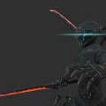 Futuristic Game Character in Black Mechanical Armor With Glowing Red Sword and Blue Light Effects