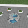 People Gathered Around Circular Metal Structure With Potted Plants And Stones
