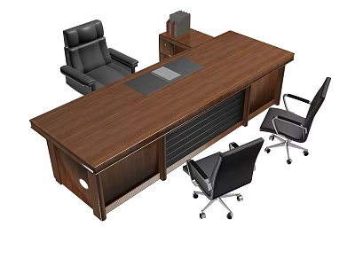 Executive Office Walnut Wood Desk with Black Ergonomic Chairs and Side Cabinet 3d model