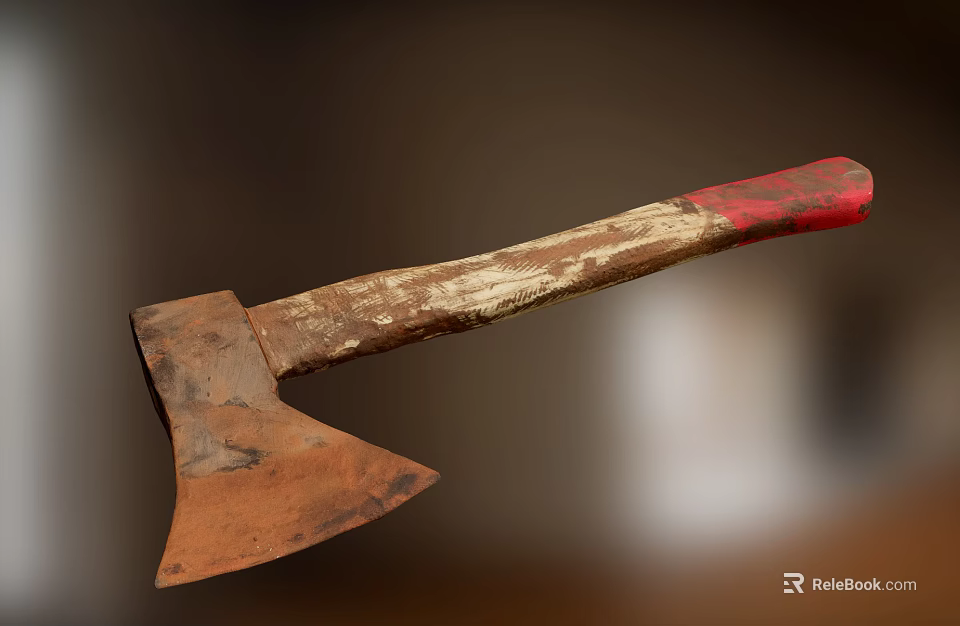 Old Rusted Axe With Worn Wooden Handle And Red Grip As Historical Weapon 3d model 