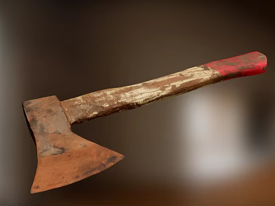 Old Rusted Axe With Worn Wooden Handle And Red Grip As Historical Weapon 3d model