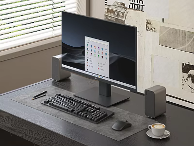 Modern Computer Desktop Setup With Monitor Keyboard Mouse And Speakers For Home Office 3d model