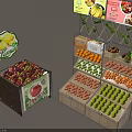 Wooden Crate And Multi Layer Fruit Display Shelves With Apples Oranges Onions And Advertising Signs