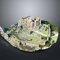 Ancient Castle Structure On Hilltop With Stone Walls And Lush Green Landscape