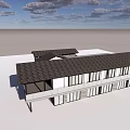 Modern Guesthouse Building With Dark Roof Large Windows And Balcony Under Blue Sky