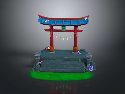 Japanese Torii Gate Structure With Stone Steps Green Grass Purple Flowers And Banners 3d model