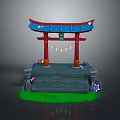 Japanese Torii Gate Structure With Stone Steps Green Grass Purple Flowers And Banners