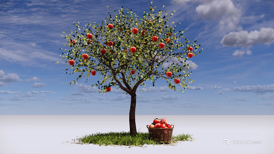 Apple Tree with Ripe Red Apples Fruit Basket Underneath Green Grass and Blue Sky 3d model 